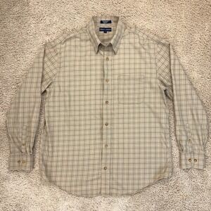 Grant Thomas Button Down Long Sleeve‎ Shirt Mens M Plaid Beige Brown Casual